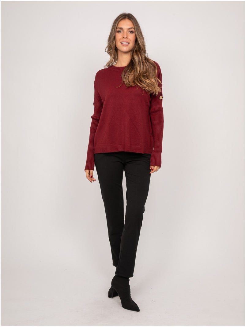 Pull maille manches côtelées et boutons dorés kandyce Bordeaux - Kiabi