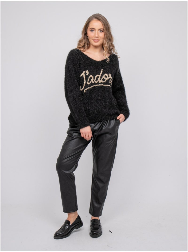 Pull maille poilue fil doré message koperdi Noir - Kiabi