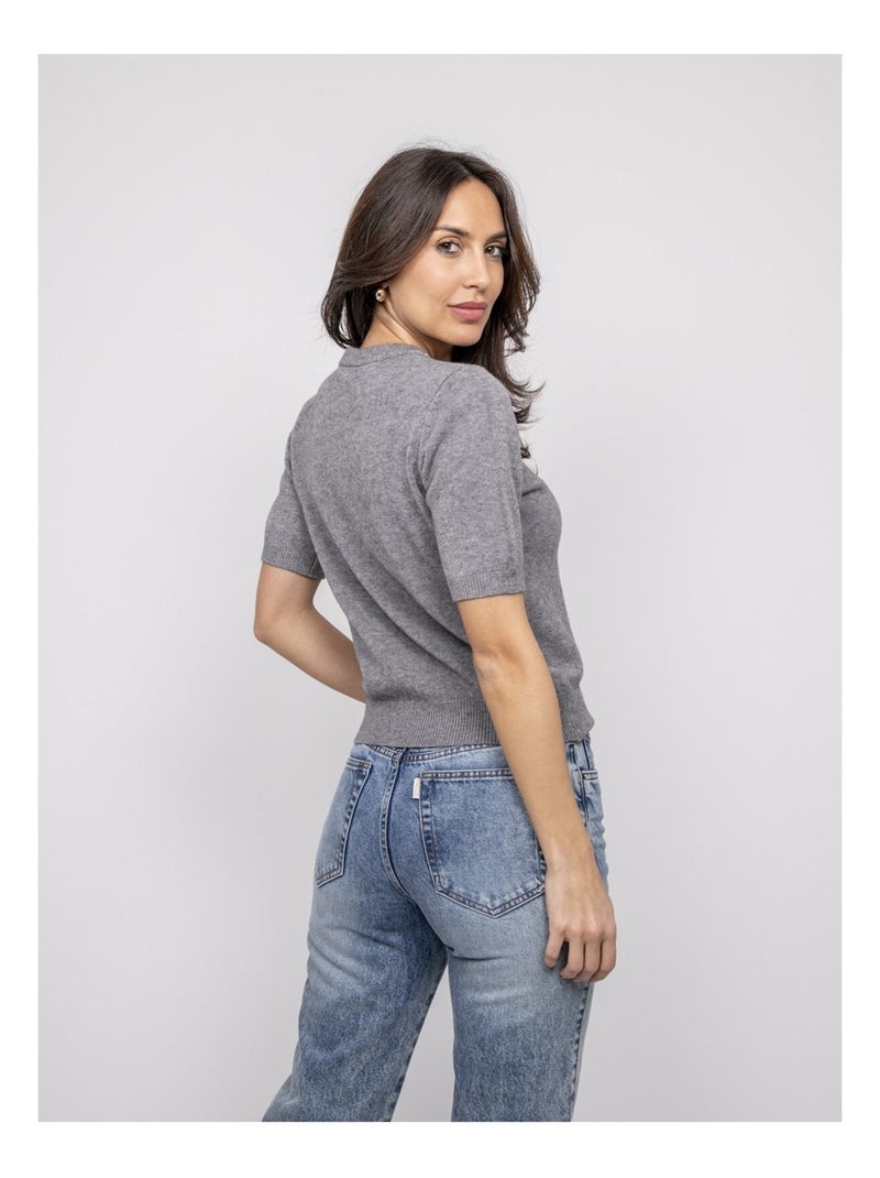 Pull manche courte strass au col kacooper Gris - Kiabi