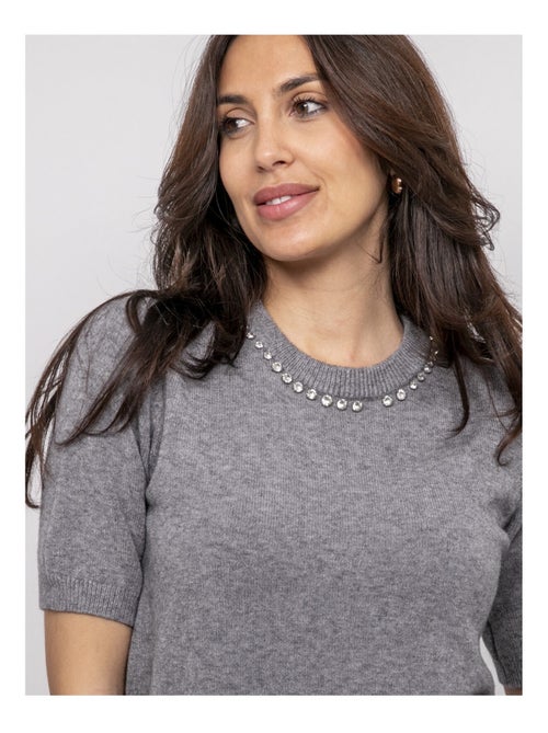 Pull manche courte strass au col kacooper - Kiabi