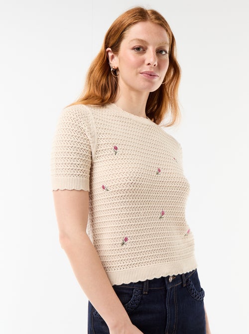 Pull manches courtes à fleurs brodées - Kiabi Pull manches courtes à fleurs brodées - Kiabi