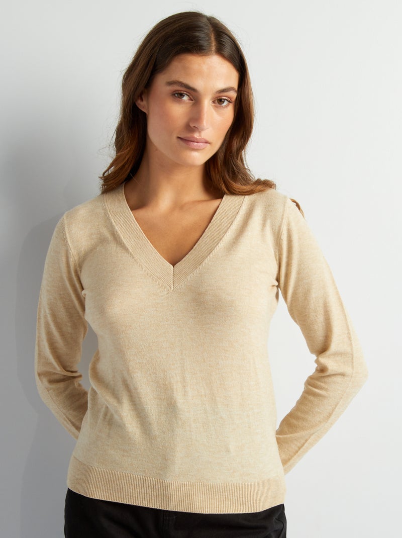 Pull manches longues col V Beige - Kiabi
