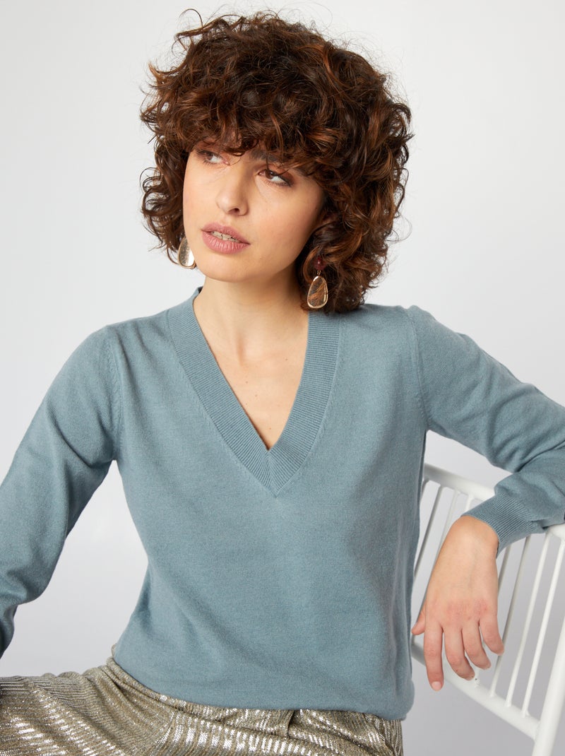 Pull manches longues col V Bleu - Kiabi