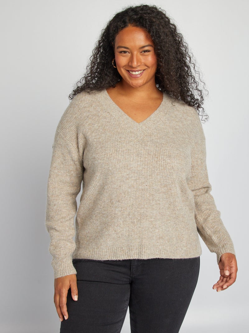 Pull manches longues col V Marron - Kiabi