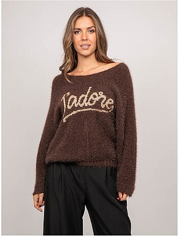 Pull message maille poilue fil doré koperdi