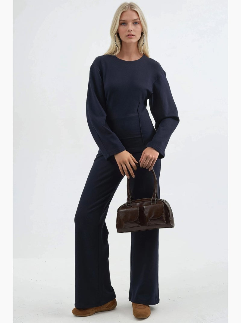 Pull-on broek met hoge taille en rechte pijpen busem Marineblauw - Kiabi