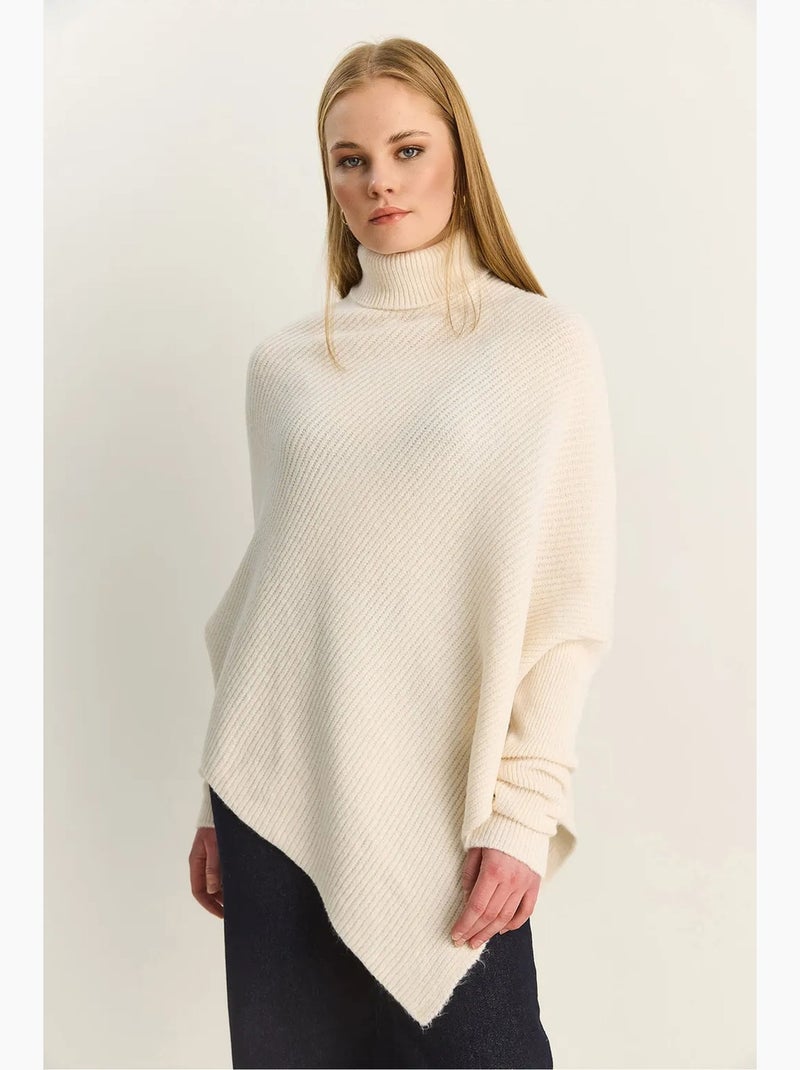 Pull oversize à col roulé en maille côtelée avec ceinture lucci Crème - Kiabi