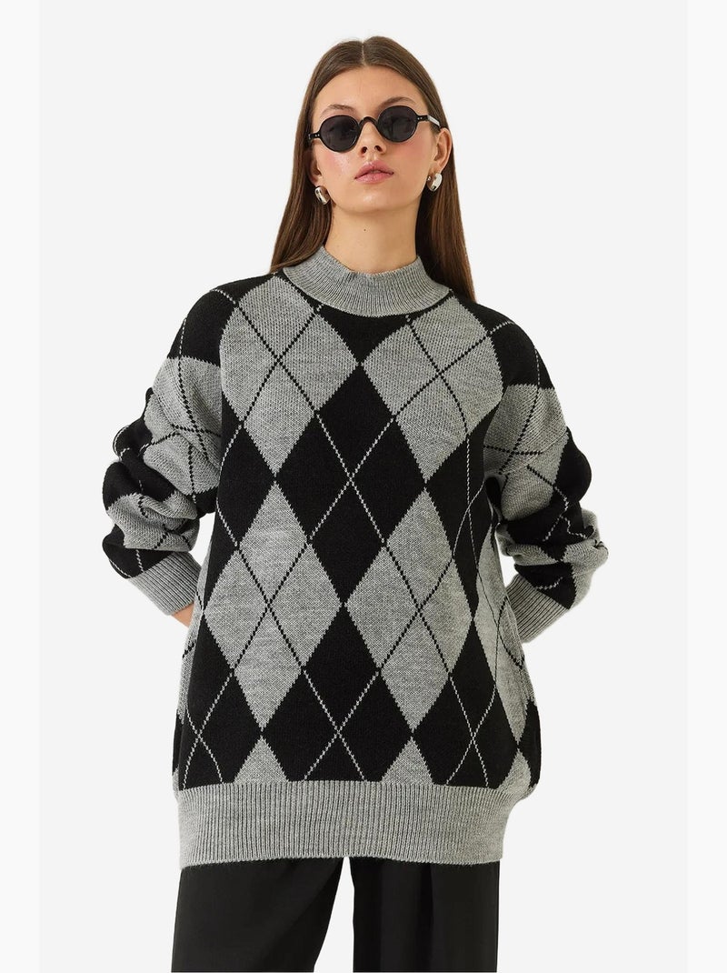 Pull oversize en maille épaisse à motif baklava et demi-col roulé lucci Gris clair - Kiabi