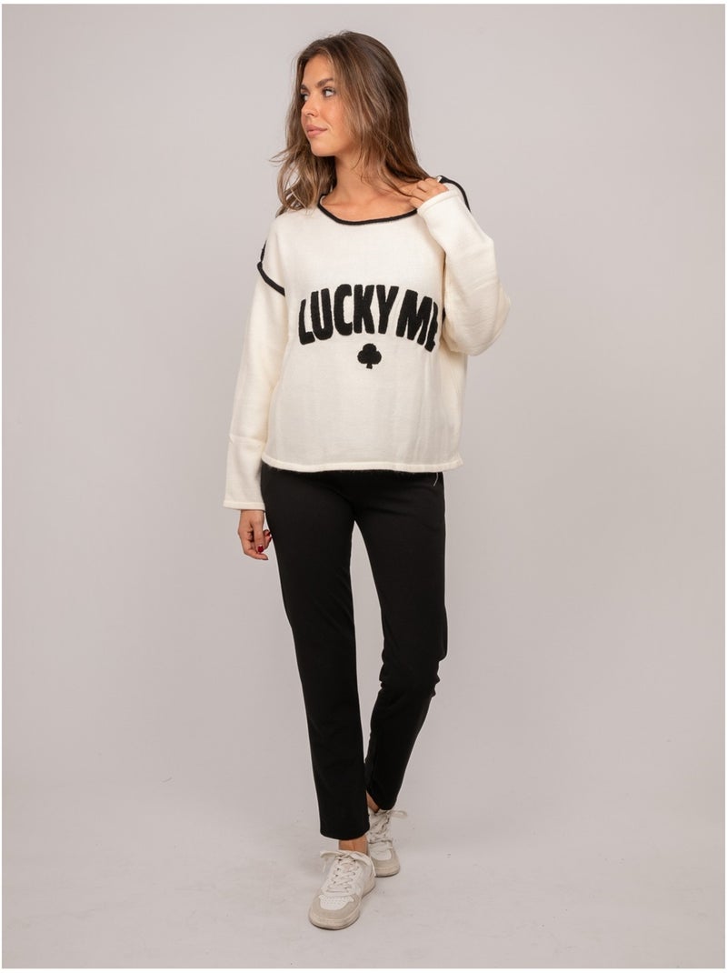Pull oversize message brodé "lucky me" kevisse Blanc - Kiabi