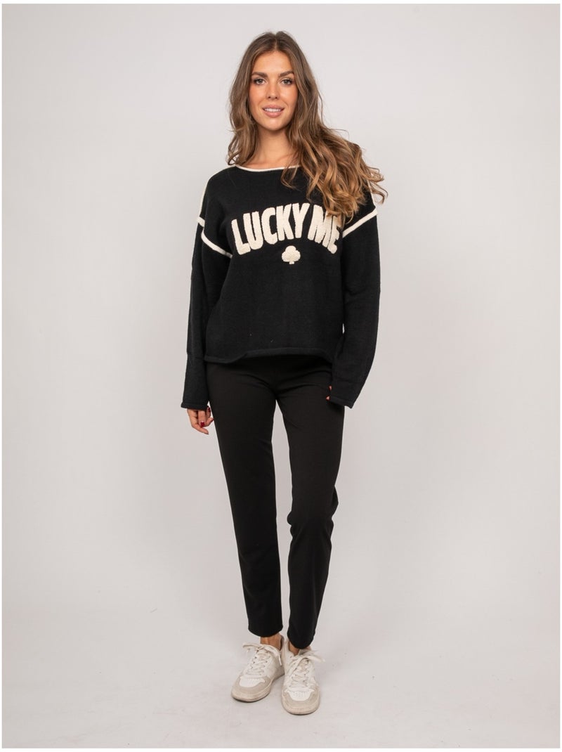 Pull oversize message brodé "lucky me" kevisse Noir - Kiabi