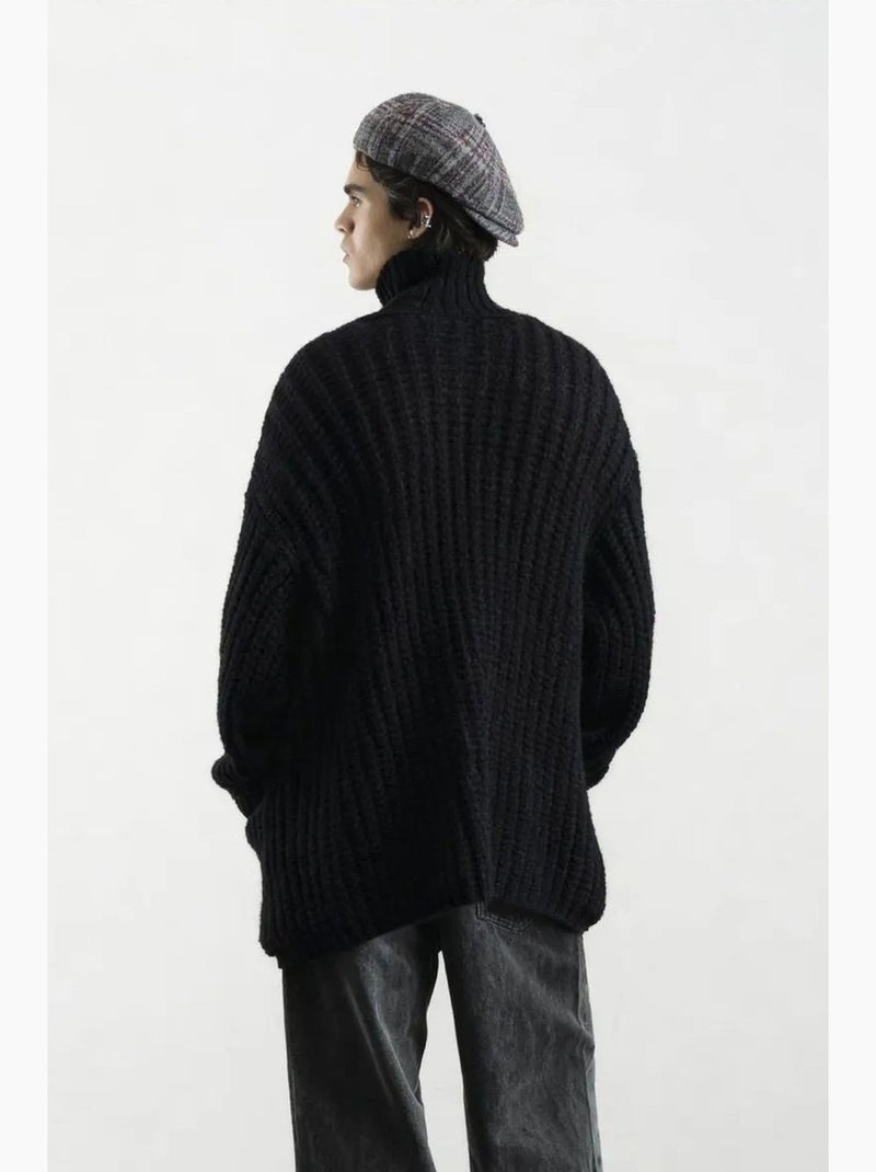 Pull oversize texturé à col roulé avec fermeture boutonnée giesto Noir - Kiabi