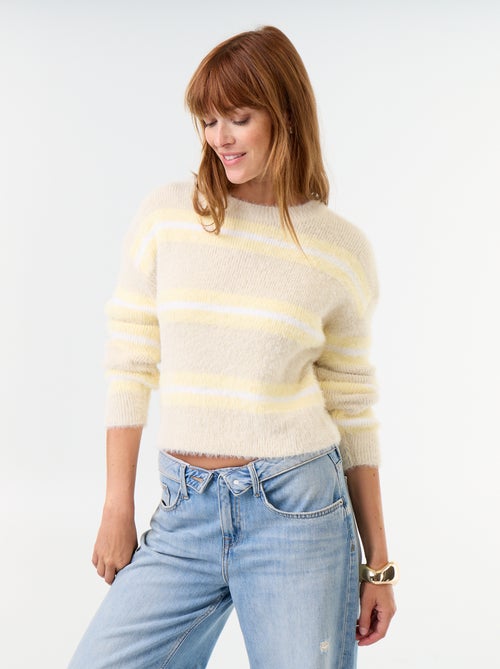 Pull poilu rayé à col rond - Kiabi
