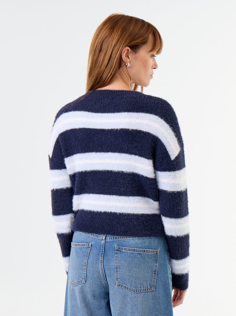 Pull poilu rayé à col rond Bleu - Kiabi
