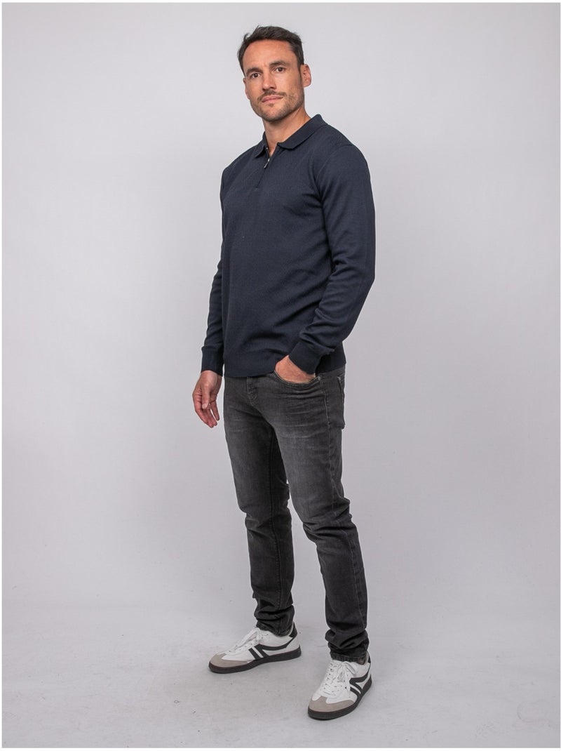 Pull polo manches longues col zippé linetox Bleu marine - Kiabi
