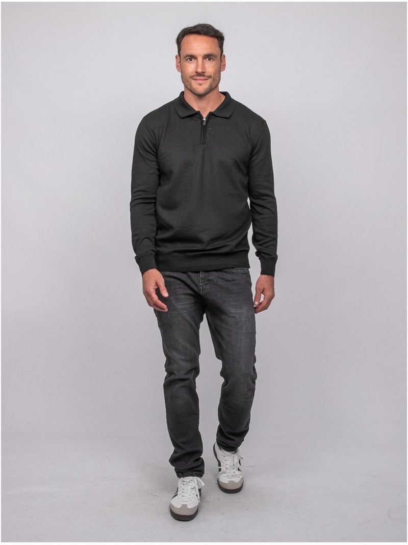 Pull polo manches longues col zippé linetox Noir - Kiabi