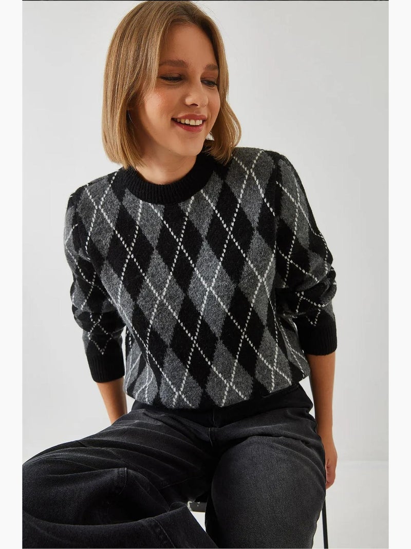 Pull ras du cou à motif losanges lucci Gris Noir - Kiabi