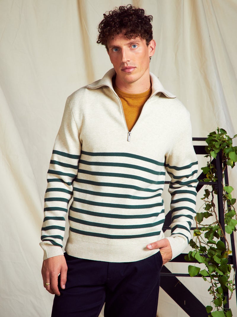 Pull rayé à col camionneur Blanc/vert - Kiabi