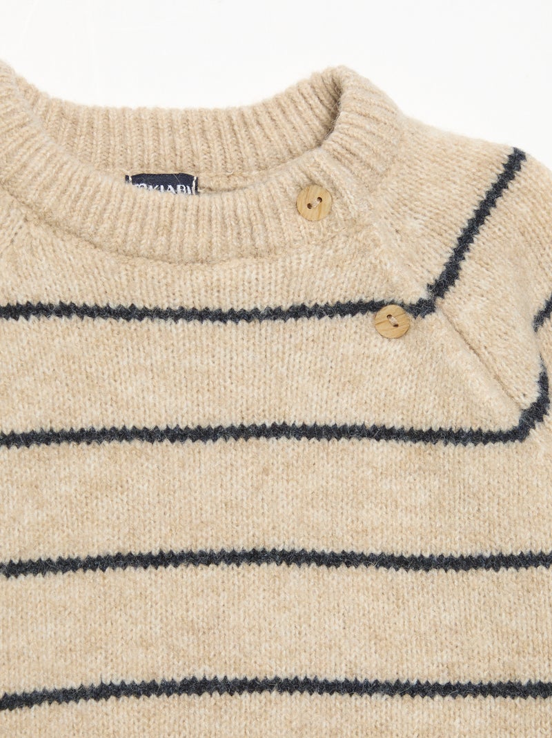 Pull rayé avec ouverture boutonnée au col Beige - Kiabi