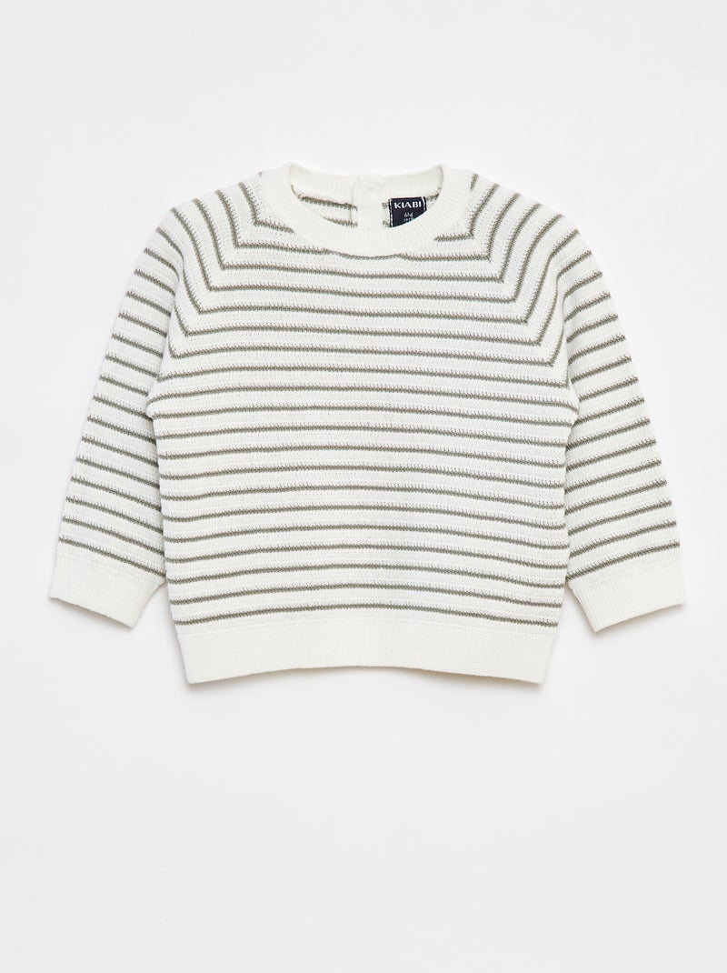 Pull rayé avec ouverture boutonnée au dos Blanc - Kiabi