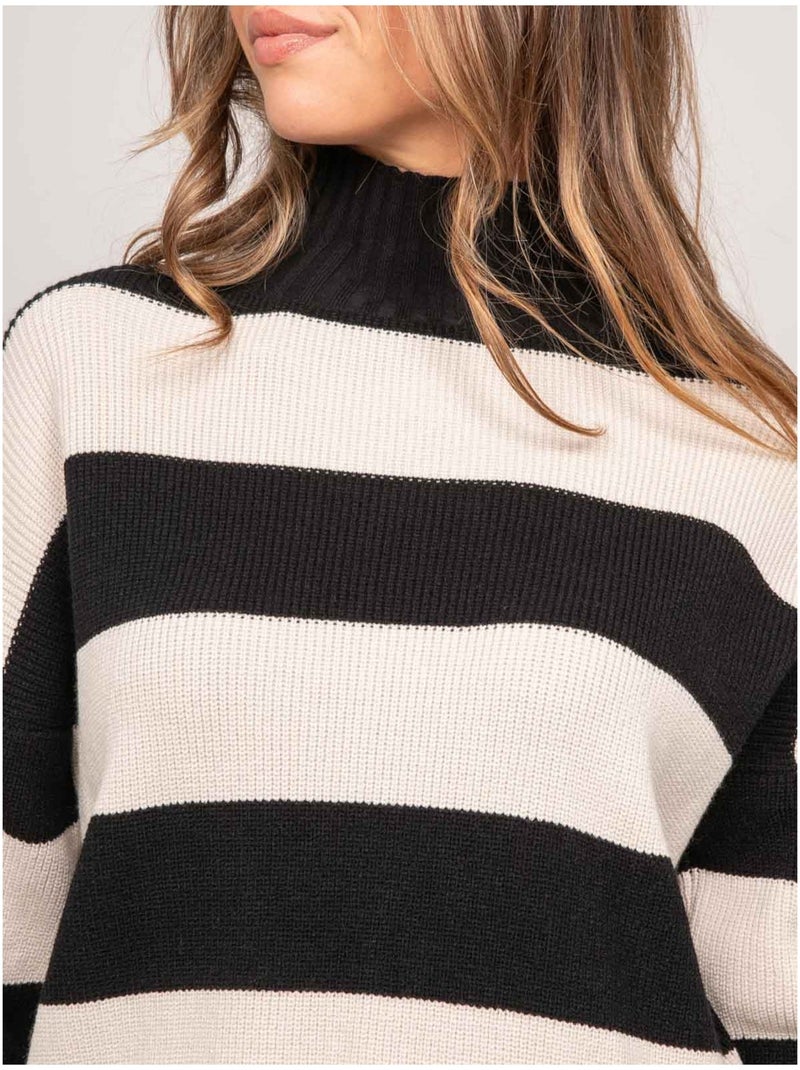 Pull rayé col montant kanelle Noir - Kiabi
