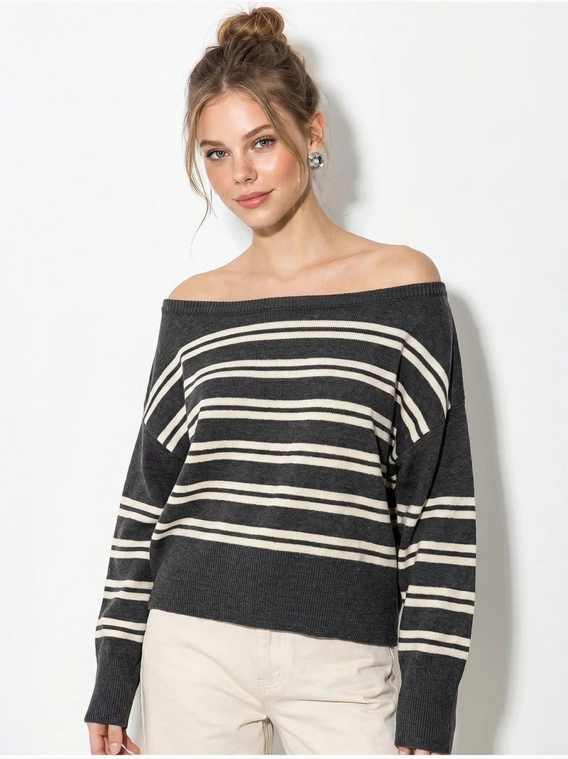 Pull rayé côtelé à épaules dénudées lucci Gris Noir - Kiabi