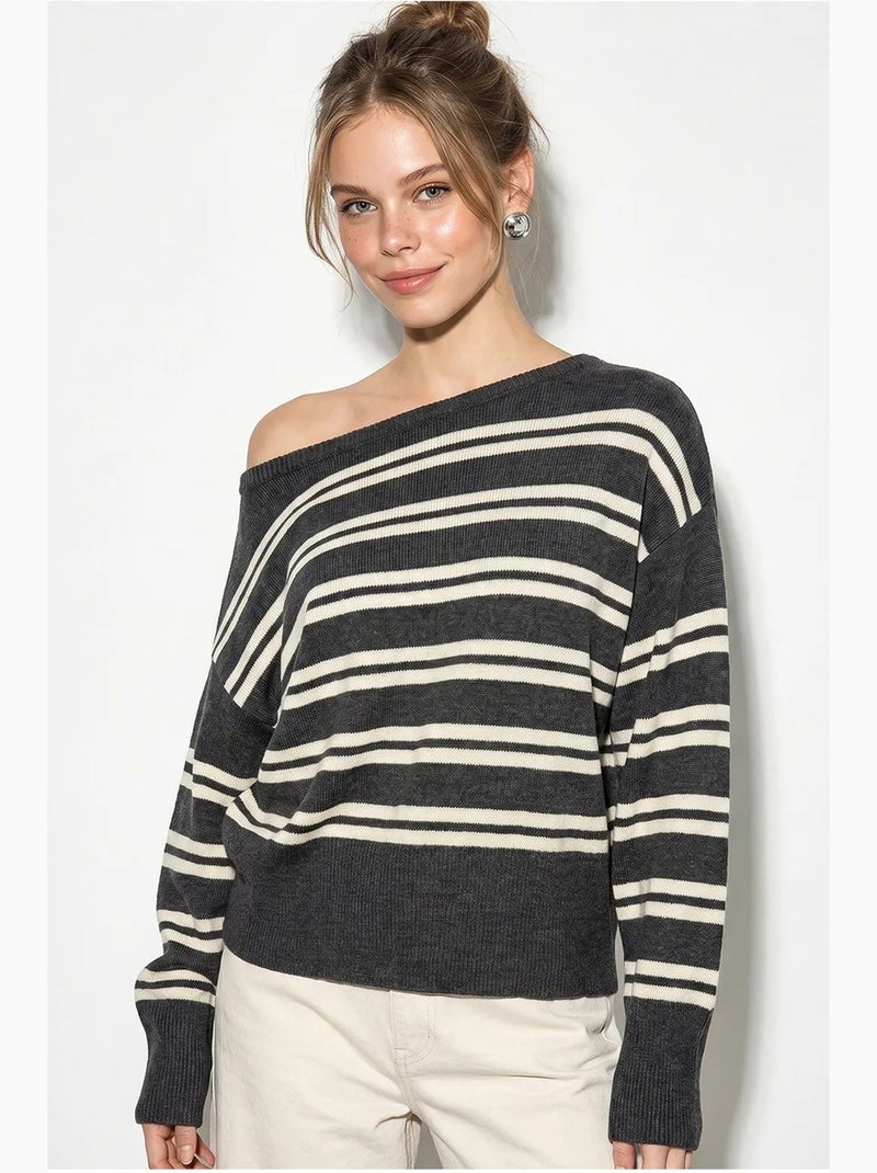 Pull rayé côtelé à épaules dénudées lucci Gris Noir - Kiabi