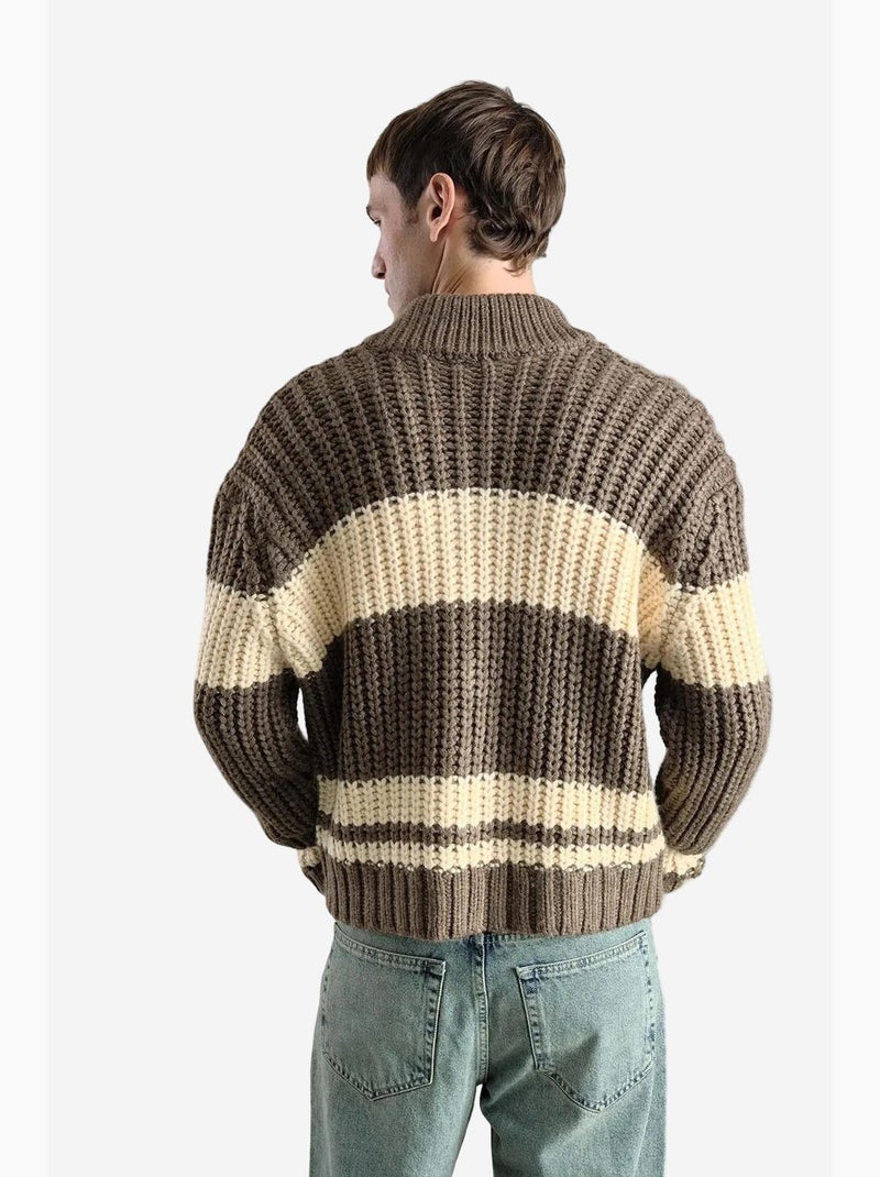 Pull rayé coupe classique avec col zippé giesto Marron clair - Kiabi