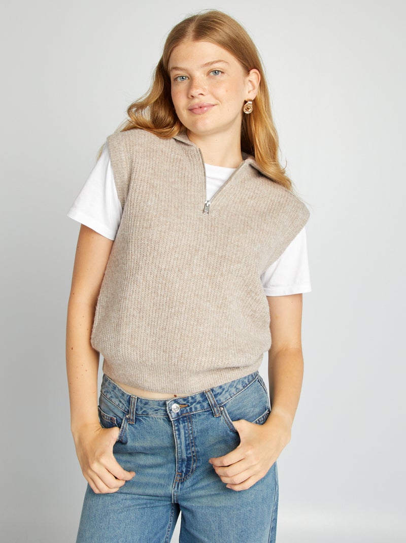 Pull sans manches avec col zippé Beige - Kiabi