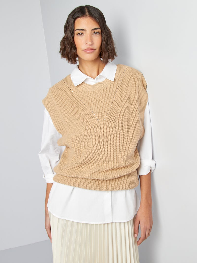 Pull sans manches col V Beige - Kiabi