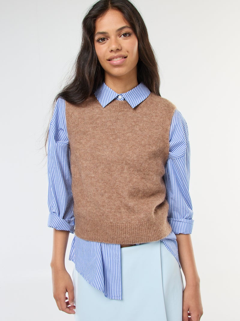 Pull sans manches en laine et mohair mélangé Marron - Kiabi