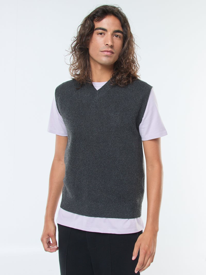 Pull sans manches en maille tricot à col V Gris - Kiabi