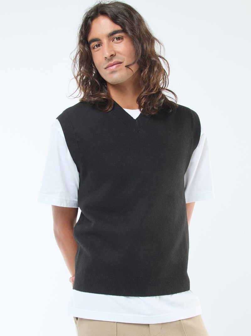 Pull sans manches en maille tricot à col V Noir - Kiabi