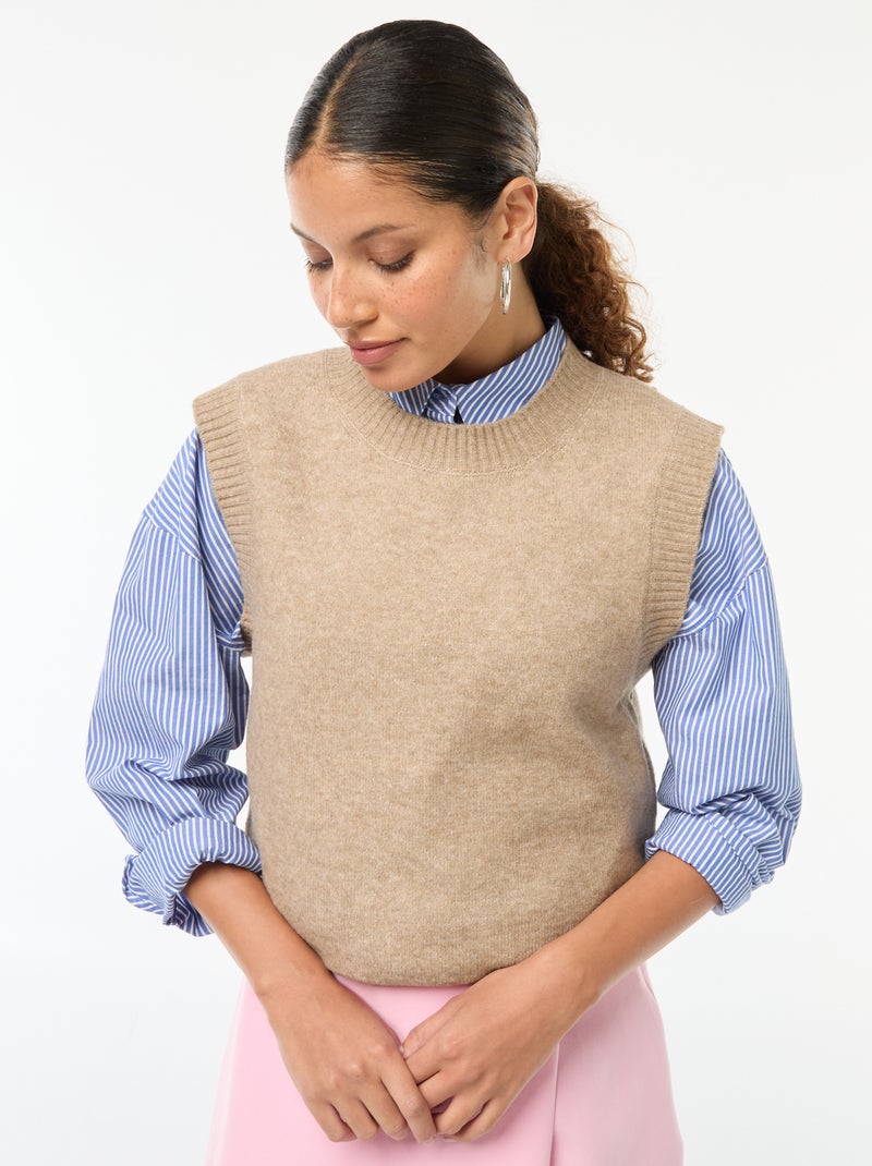 Pull sans manches en maille tricot Beige - Kiabi