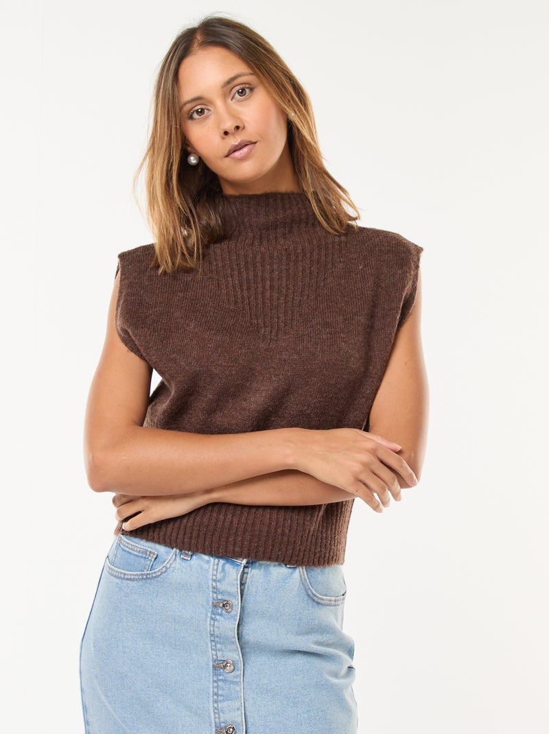 Pull sans manches uni avec col montant Marron - Kiabi