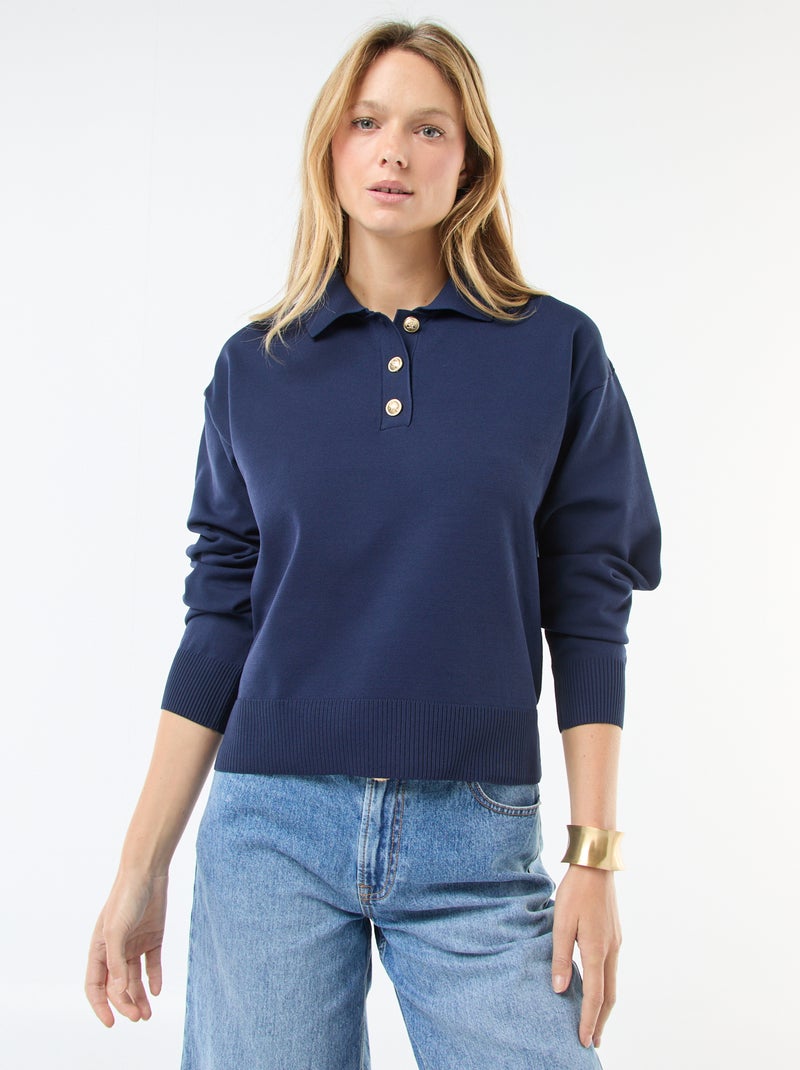 Pull style polo en maille stretch Bleu - Kiabi