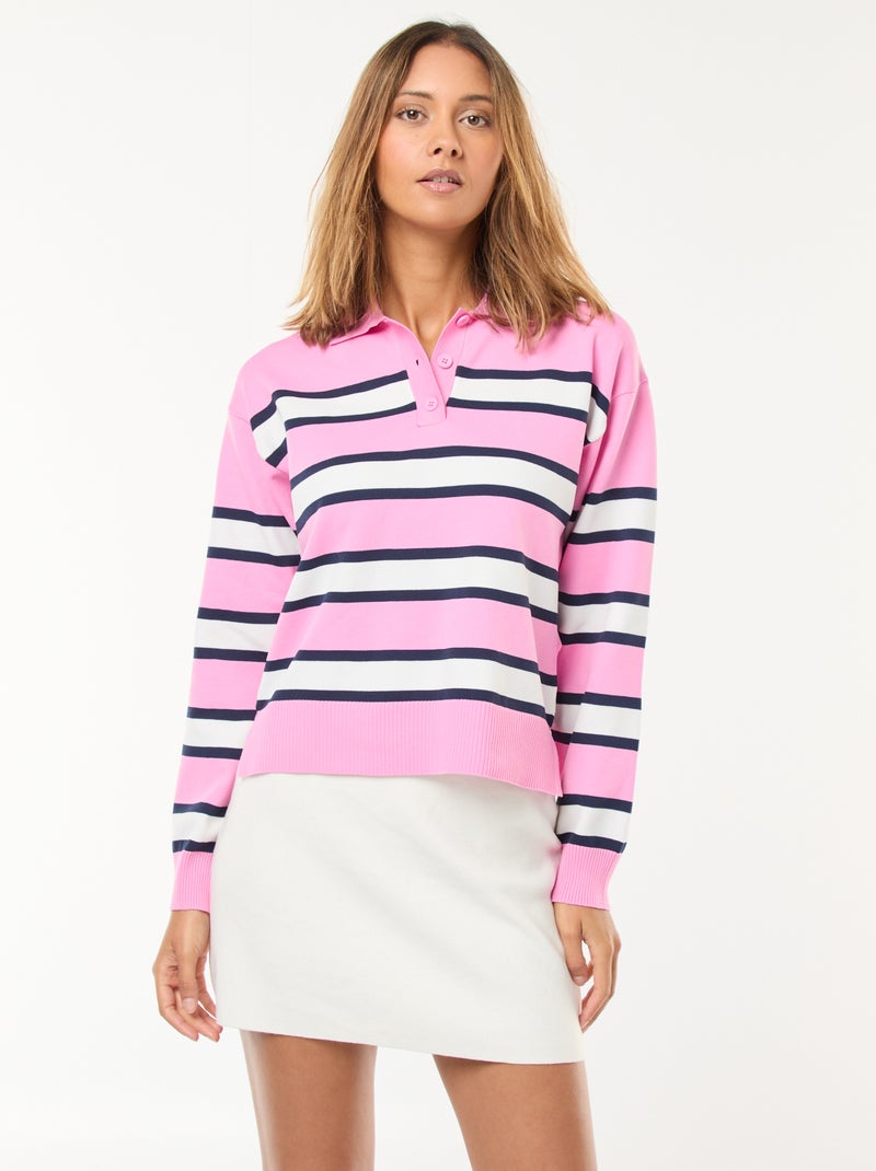 Pull style polo en maille stretch Rose - Kiabi