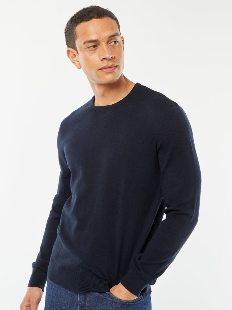 Pull uni à col rond Bleu marine - Kiabi
