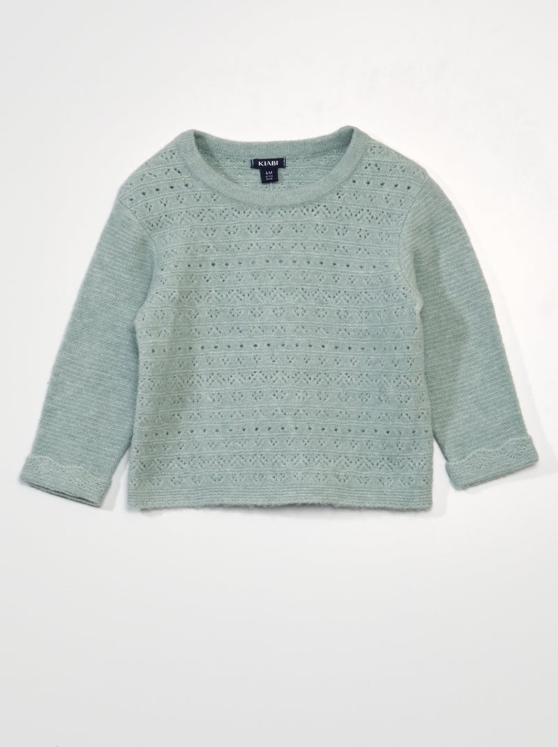 Pull uni en maille ajourée vert cendré - Kiabi