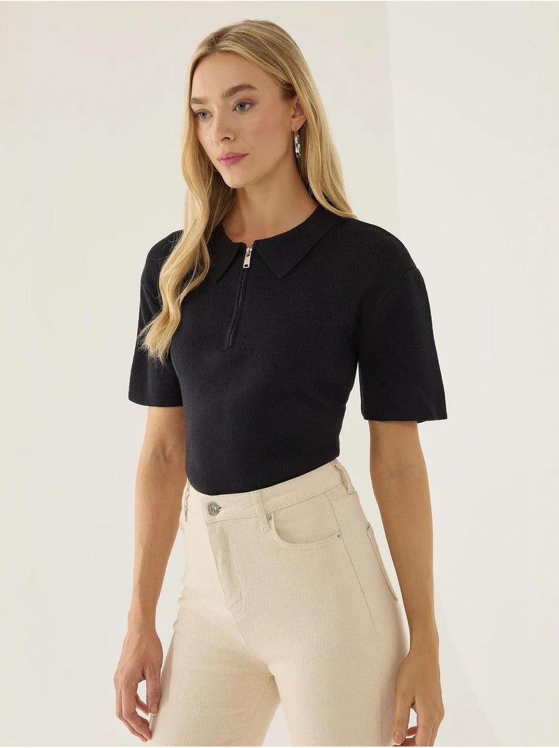 Pull zippé à col polo gris anthracite - Kiabi