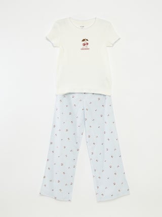 Pyjama 2 pièces en coton t-shirt côtelé + pantalon en popeline - 2 pièces