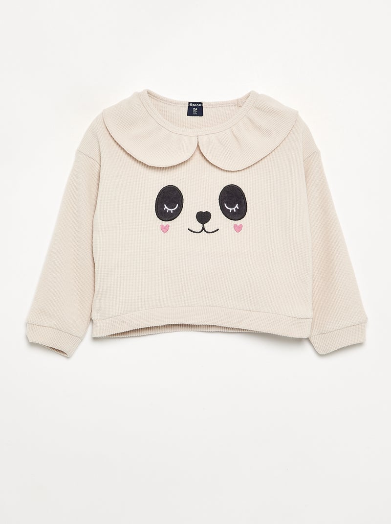 Pyjama 2 pièces en maille gaufrée - Sweat + pantalon Ecru - Kiabi