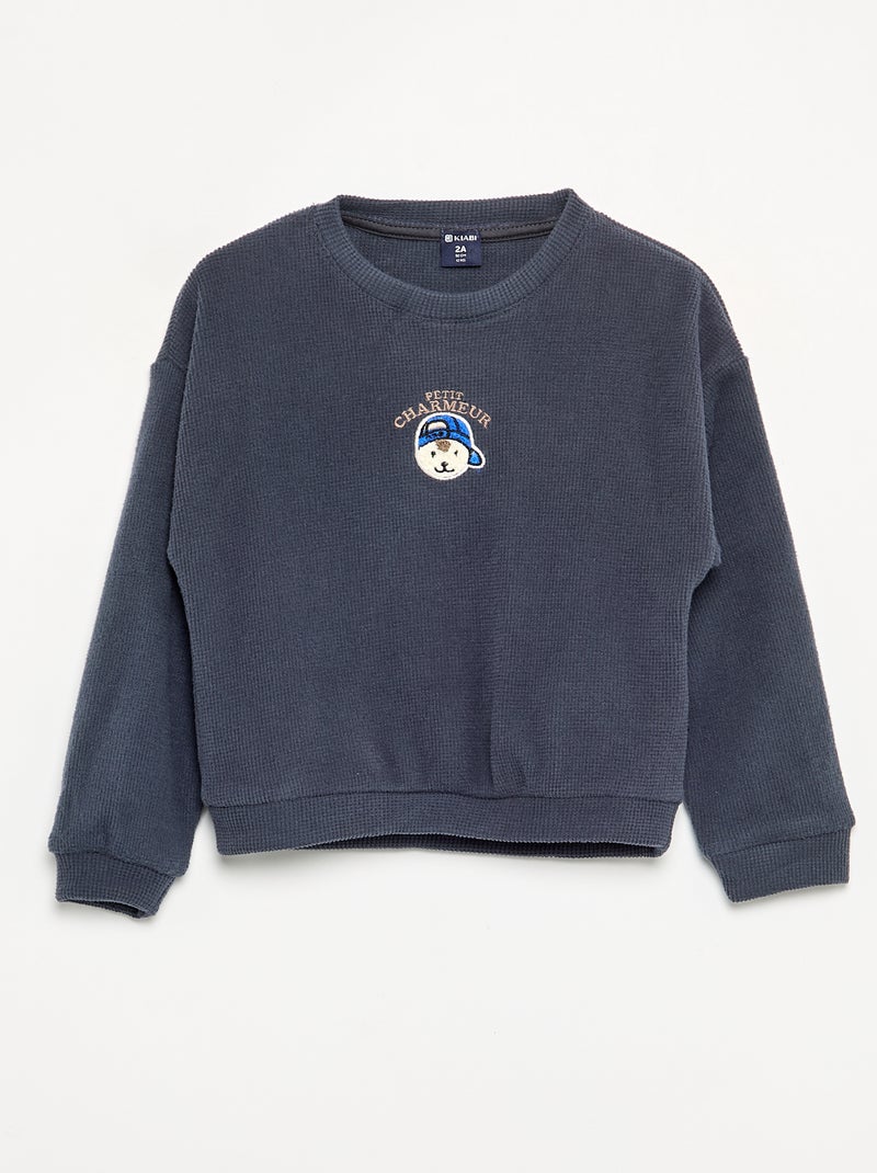 Pyjama 2 pièces en maille gaufrée- Sweat + pantalon Bleu - Kiabi