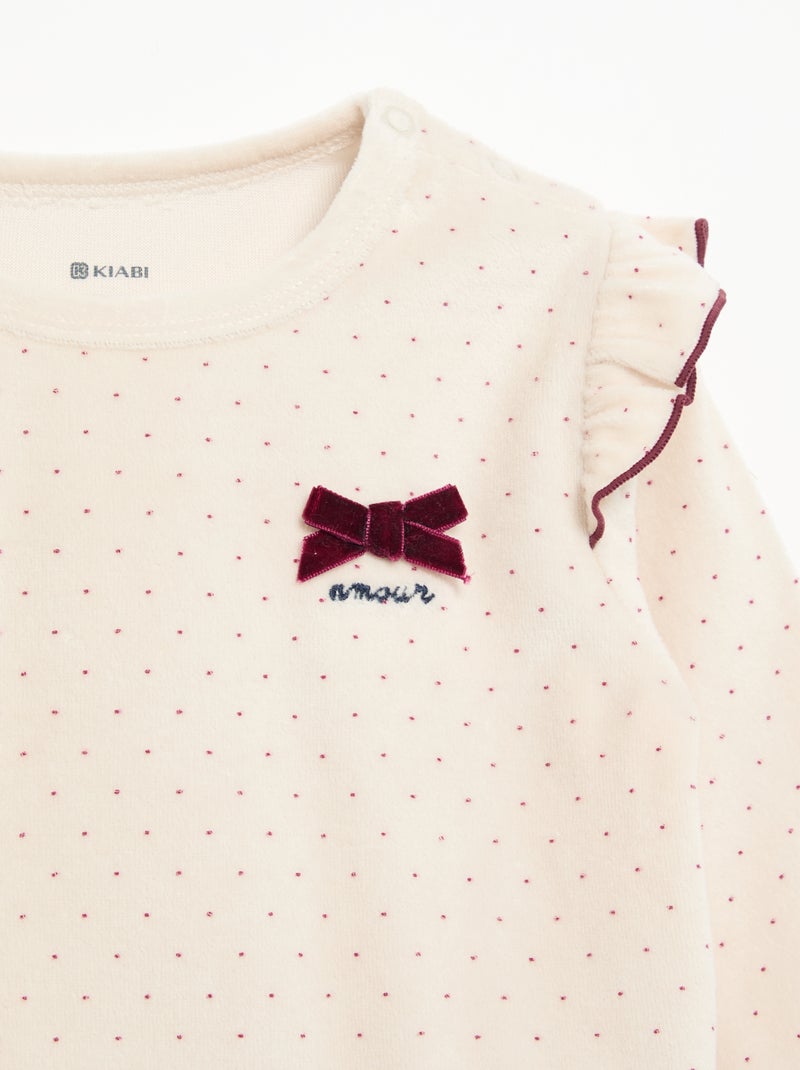 Pyjama 2 pièces en velours - Sweat avec volants aux emmanchures + pantalon Beige - Kiabi