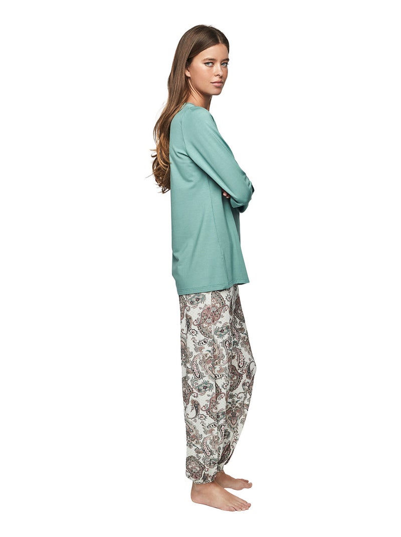 Pyjama broek top lange mouwen p109 cachemire bamboo Groen - Kiabi