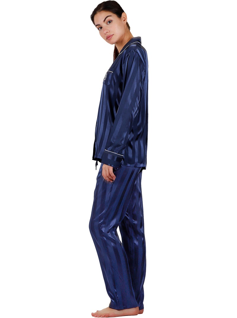 Pyjama chemise et pantalon satin stripes Bleu marine - Kiabi