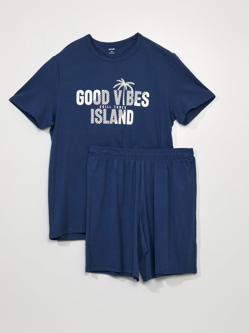 Pyjama court - Inscription 'good vibes' - 2 pièces Bleu marine - Kiabi