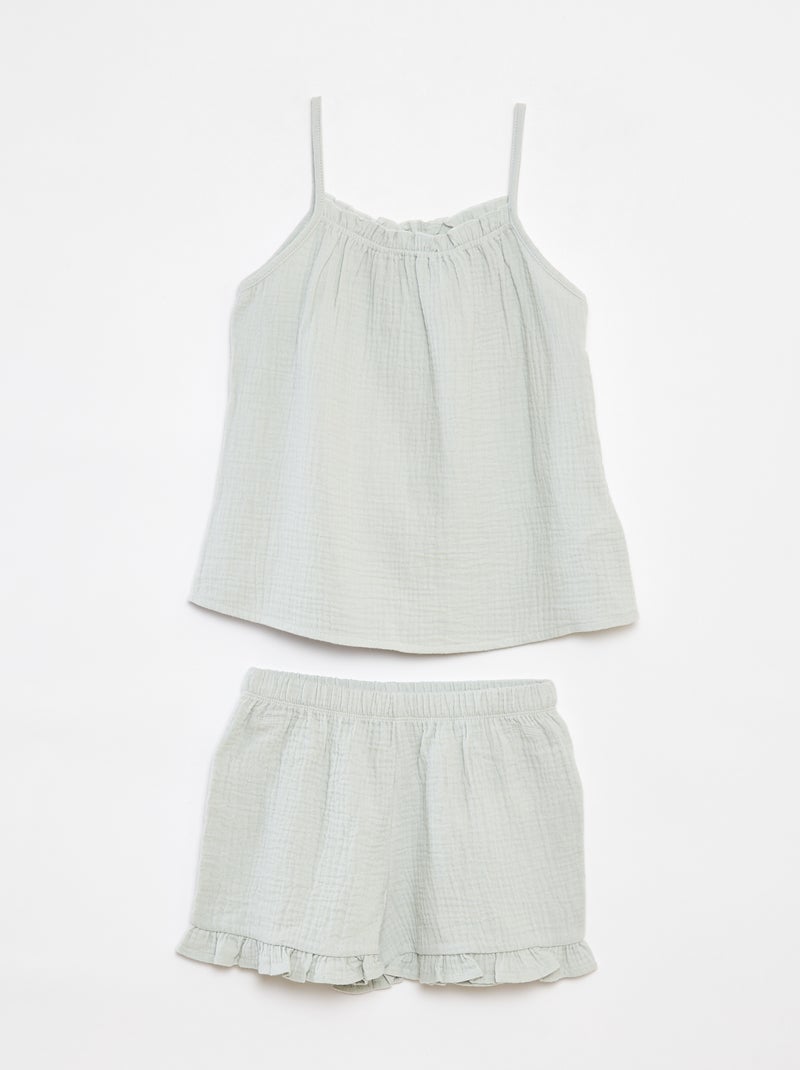 Pyjama débardeur + short en gaze de coton - 2 pièces Bleu - Kiabi