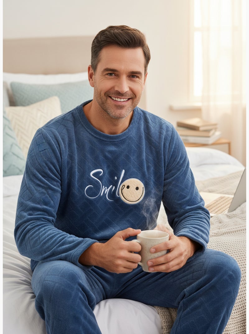 Pyjama Homme Hiver Polaire Doux SMILE Bleu marine - Kiabi