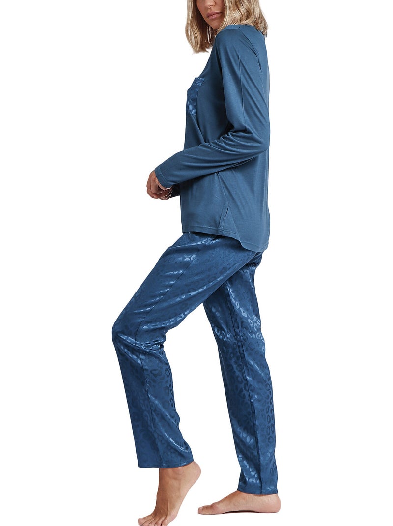 Pyjama indoor outfit broek top lange mouwen satin leopard Blauw - Kiabi