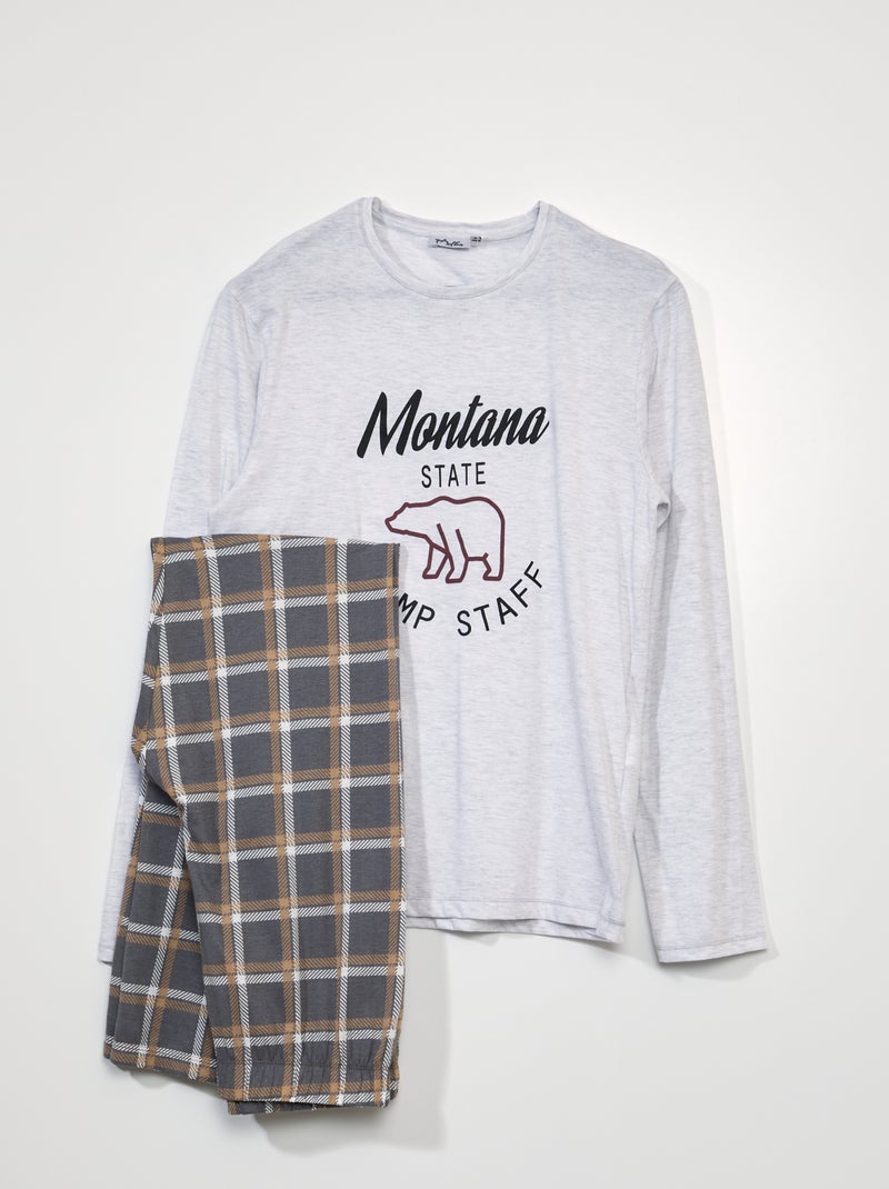 Pyjama long - inscription Montana et carreaux - 2 pièces Gris - Kiabi